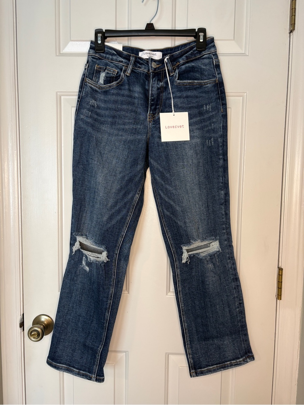Loversvet Women's Regular Curvy Straight-Leg Distressed Crop Jeans in Dark Blue